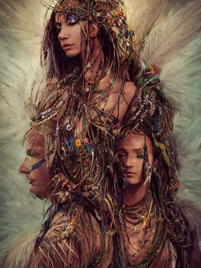 Image similar to a photo of a mystical tribal shaman adorned with feathers and gemstones and cables and synthesizer parts is surrounded by sacred geometry made from elven architecture, full body, gorgeous, perfect face, powerful, cinematic, beautifully lit, by artgerm, by karol bak, 3 d, trending on artstation, octane render, 8 k