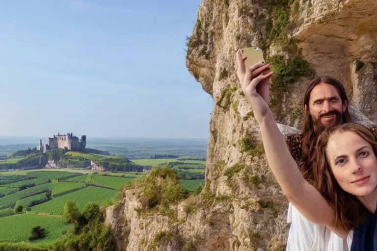 Prompt: selfie made by jesus and mary magdalene standing on a cliff looking over a beautiful landscape with castles in france, award winning photo, very detailed, very realistic