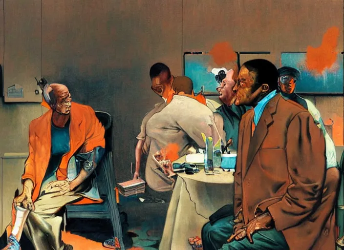 Image similar to a still from the tv series the wire by francis bacon and norman rockwell and james jean and mark brooks, triadic color scheme, by greg rutkowski, syd mead and edward hopper and norman rockwell and beksinski, dark surrealism, orange and turquoise
