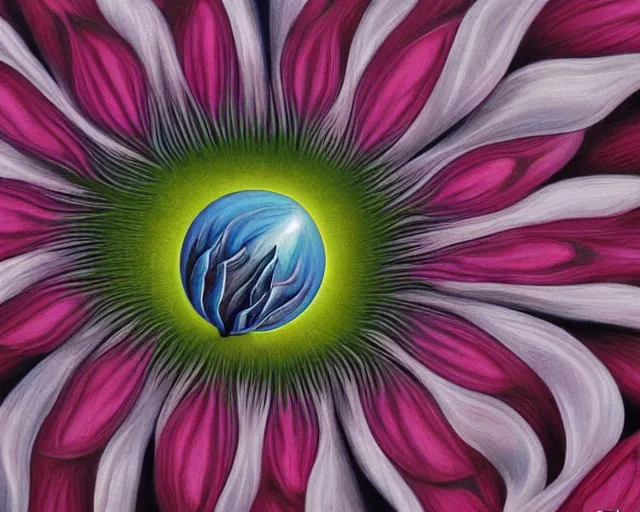 Image similar to rule of thirds intricate inside the tulip extreme closeup on a table, an ultrafine detailed painting by rafal olbinski, behance contest winner, pop surrealism, detailed painting, very detailed, minimalist, skeuomorphic, airbrush art