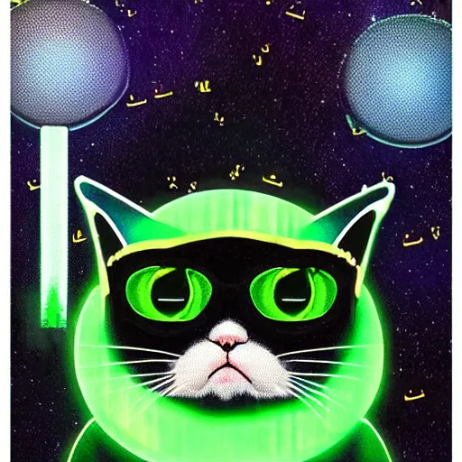 Image similar to grumpy cat with a vintage sci-fi CRT monitor for a head showing a glowing green pixelated emoji-style smiley face, matte gouche sci-fi ink illustartion on dark paper, highly detailed movie poster