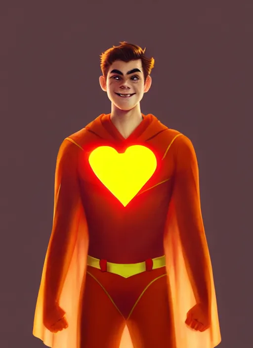 Image similar to kind teenage archie andrews wearing an orange superhero costume, superhero costume with heart emblem, cape, intricate, elegant, glowing lights, highly detailed, digital painting, artstation, sharp focus, illustration, art by wlop, mars ravelo and greg rutkowski