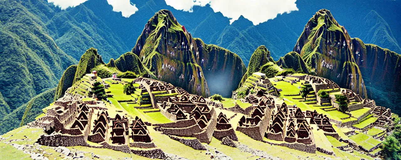 Image similar to machu picchu in the 1 4 0 0 s, with spaghetti, antiquity, canon 5 0 mm, wes anderson, kodachrome