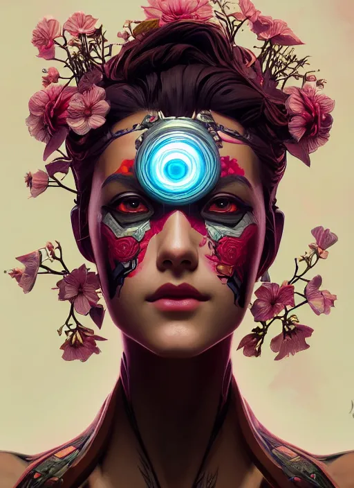 Image similar to symmetry!! portrait of floral! borderlands 3 psycho, intricate, elegant, highly detailed, digital painting, artstation, concept art, smooth, sharp focus, illustration, art by artgerm and greg rutkowski and alphonse mucha, 8 k