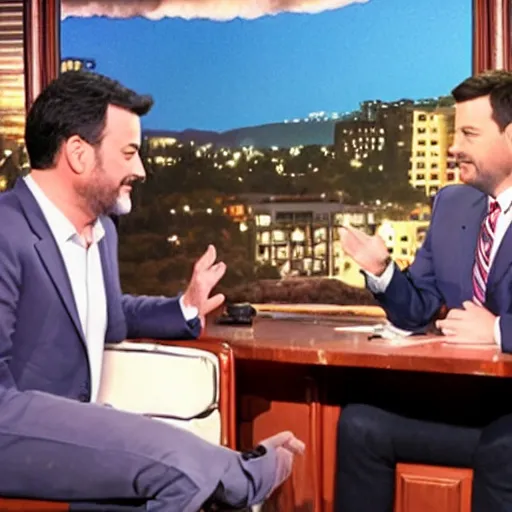 Image similar to Jimmy Kimmel interviewing Freddy Fazbear, tv show, television,