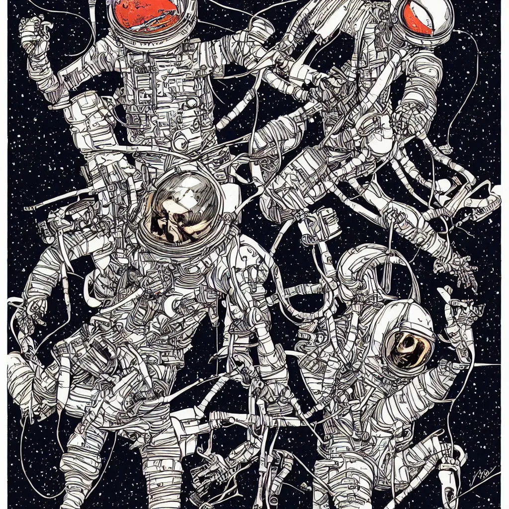 Image similar to cosmonaut skeleton tearing his space suit off laurie greasley masterpiece hyper realism, intricate detail, extremely detailed vivid colors