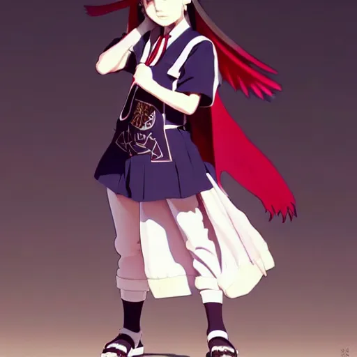 Image similar to a beautiful! boyish! natalie portman model, wearing catholic school girl outfit with mayan pattern and native style, aztec street fashion, guilty gear art direction, gapmoe yandere grimdark, trending on pixiv fanbox, painted by greg rutkowski makoto shinkai takashi takeuchi studio ghibli, akihiko yoshida