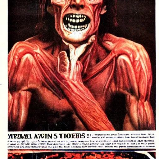 Prompt: 70s magazine scan of an horror movie ad, with veins,nerves and bones