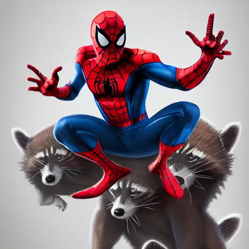 Image similar to spider - man sit on the raccoon and eating donuts, concept art, trending on artstation, highly detailed, intricate, sharp focus, digital art, 8 k