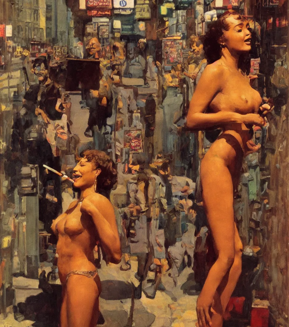 Image similar to standing portrait of ecstatic sza looking into the camera standing smoking a cigarette, summer, warm street lights store front, 1 9 6 0 s technicolor, intricate, moody, personal, highly detailed, short focus depth, donato giancola, joseph christian leyendecker, frank frazetta, alex horley, ralph horsley, michael whelan, 2 0 0 mm focal length