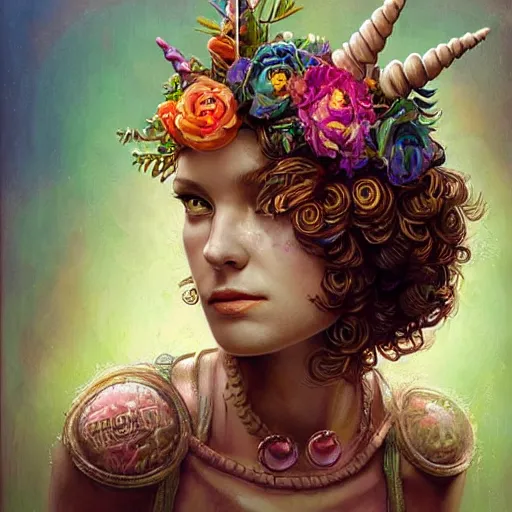 Image similar to Lofi biopunk portrait beautiful woman with short brown curly hair, roman face, unicorn, rainbow, floral, Pixar style, Tristan Eaton, Stanley Artgerm, Tom Bagshaw