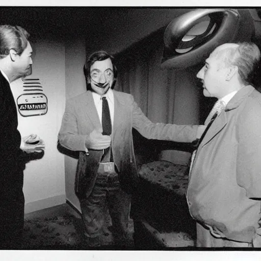 Prompt: old film photography of jaime maussan and a real alien having a conversation