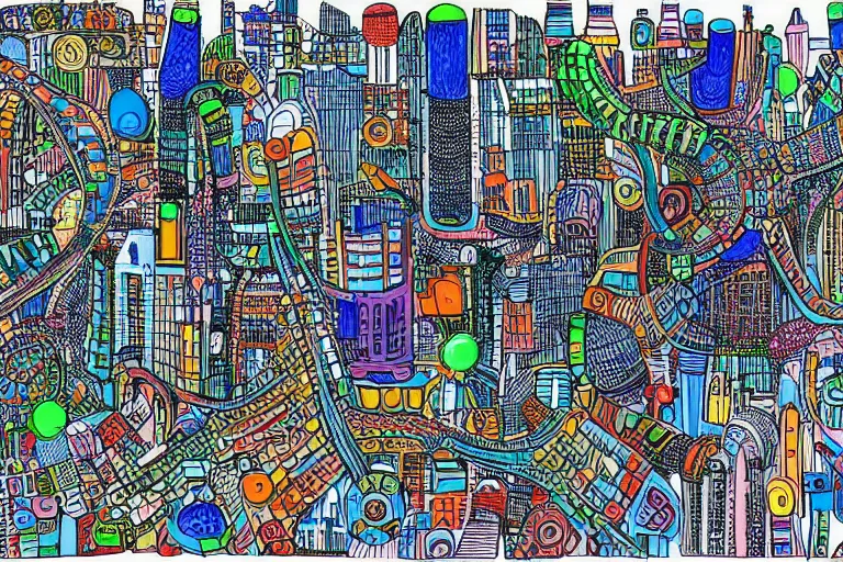 Image similar to an elaborate penned child illustration of a colorful intricate connected city of tubes and pipes, by martin handford and by jan van haasteren