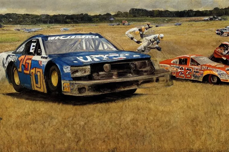 Prompt: nascar race, painting by andrew wyeth, very detailed, high quality,