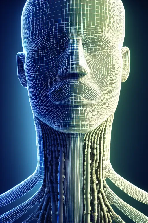 Image similar to 3D render of a rugged profile face portrait of a male cyborg, 150 mm, capacitors, Mandelbrot fractal, anatomical, flesh, facial muscles, neon wires, microchip, veins, arteries, full frame, microscopic, elegant, highly detailed, flesh ornate, elegant, high fashion, rim light, octane render in the style of H.R. Giger and Bouguereau