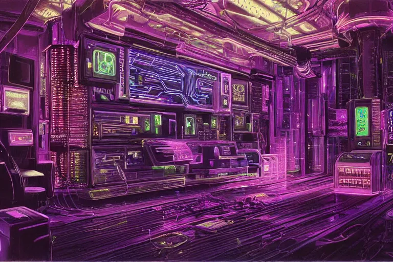 Image similar to A highly detailed rendering of a Cyberpunk room with hologram of a bitcoin messy cables, soft neon purple lighting, reflective surfaces, sci-fi concept art, by Syd Mead and H.R.Giger, highly detailed, oil on canvas