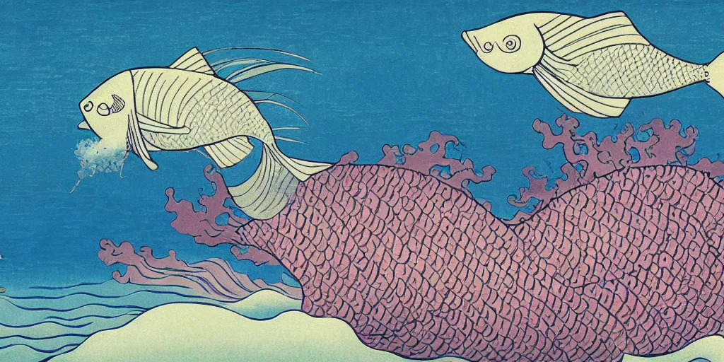 Prompt: A purple fish, swimming in a beautiful coral reef, aesthetically pleasing Digital art, Concept art by Hokusai and Vincent Van Gogh