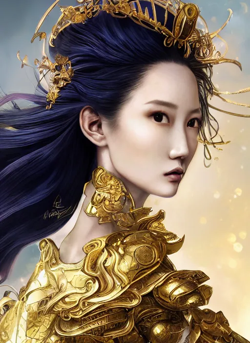 Prompt: side portrait of celestial Rainie Yang Cheng Lin, multiversal hair, gold and royal blue luxurious armour, elegant, chic, high-end, ethereal and dreamy theme, highly detailed, realistic eyes, detailed illustration, chic, smooth, sharp focus, rule of thirds, holy glow, ethereal background, 4k, by Peter Mohrbacher, alphonse Mucha, Aya, Charlie Bowater, Loish, Kentaro Miura, Karol Bak, Greg Hildebrandt,