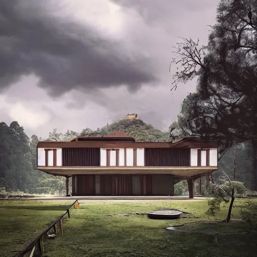 Prompt: modernist house inspired by a tibetan palace, surrounded by massive collumns, two levels, in a field, big trees, clouds, dramatic lighting, artstation, matte painting, raphael lacoste, simon stalenhag, frank lloyd wright, drone view