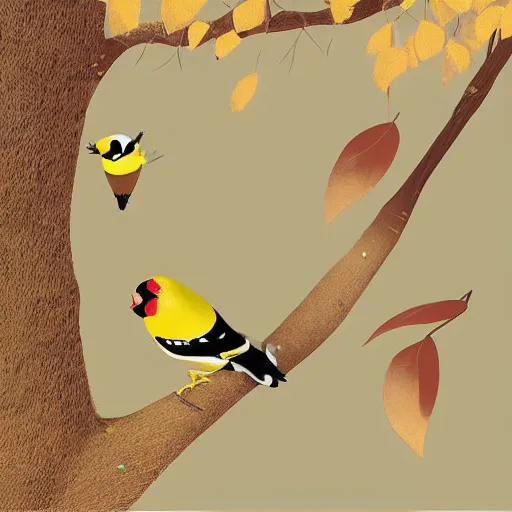 Image similar to Goldfinch collecting food from the ground for its young that are in a large tree, ilustration art by Goro Fujita