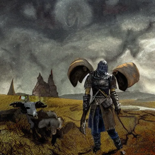 Image similar to goat in the painted world of dark souls, head and shoulders masterpiece, apocalypse, golden hour, cosmic horror, artstation, in the style of andrew wyeth and goya, extremely detailed