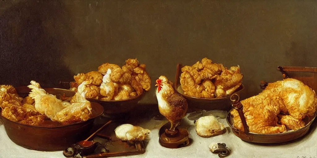 Prompt: a fineart still life painting of a KFC bucket and chicken on table. Oil on canvas, by Willem Kalf.