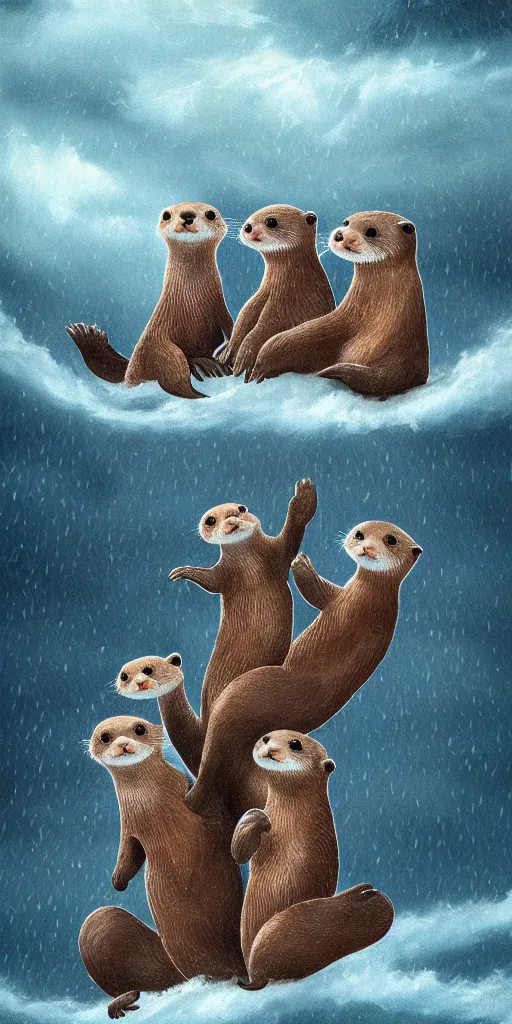 Image similar to family of adorable otters falling in love holding hands side by side huddled, all hiding together in the middle of a super scary storm at sea, fantasy illustration, cinematic, award winning, romantic, detailed trending on artstation, masterpiece