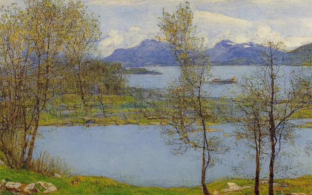 Image similar to a painting of large lake in norway, spring, oil on canvas, by carl larsson