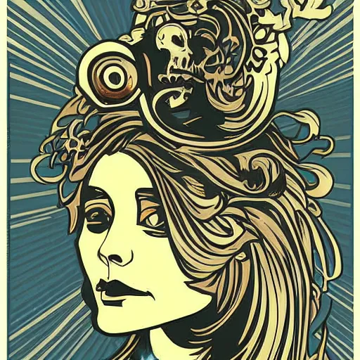Image similar to ape portrait skull skeleton dreaming in the style of Alphonse Mucha illustration pop art