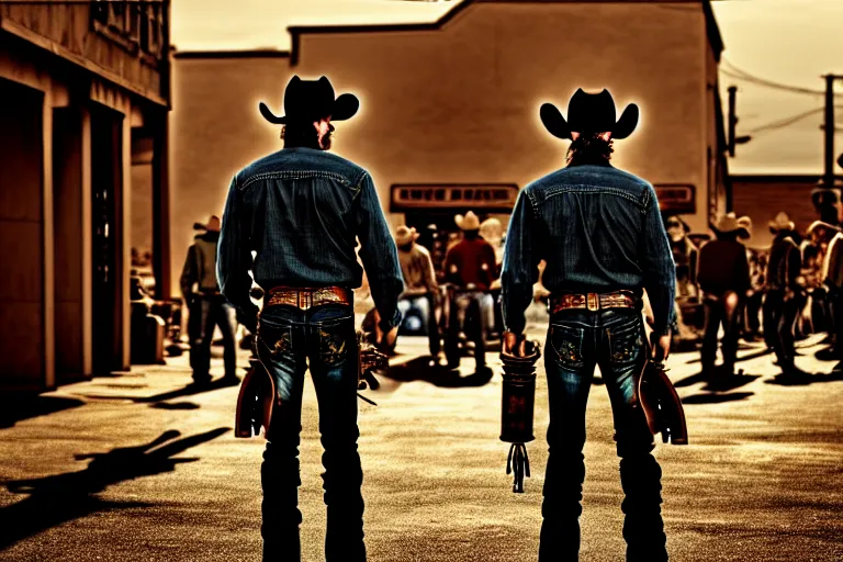 Prompt: an extremely detailed masterpiece photograph of two cowboy gunslinger facing off from a low angle in the crowed streets of durango, digital art, epic scene, cinematic lighting, tensive mood, silverado, 8 k