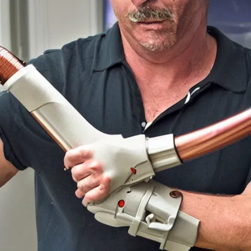 Image similar to man with a shotgun as a prosthetic arm