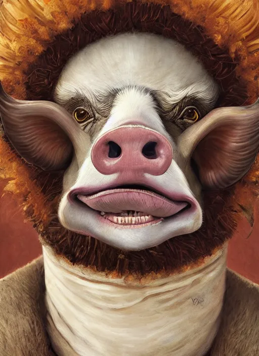 Image similar to a hyper detailed painting of an anthropomorphic joaquin phoenix, cow horns, pig nose, sheep wool, chicken feathers, horror, by anna podedworna, by miklos ligeti, by diego maricato, by taran fiddler, by antonino truisi, by chris reddie, by jinsung lim, on artstation