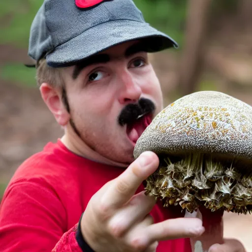 Image similar to photo of real life mario finding a giant amanita muscaria, exhilarated, portrait, closeup. mouth open, 3 0 mm, bokeh