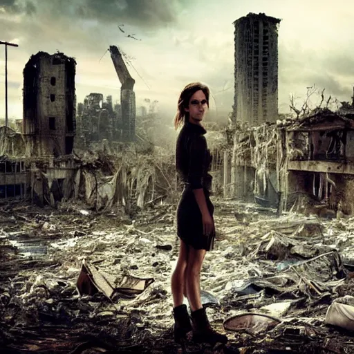 Image similar to concerned and tired emma watson in shredded dirty clothes rags, in the ruins of civilization after the apocalypse, looming city ruins backdrop, hd photo, high detail