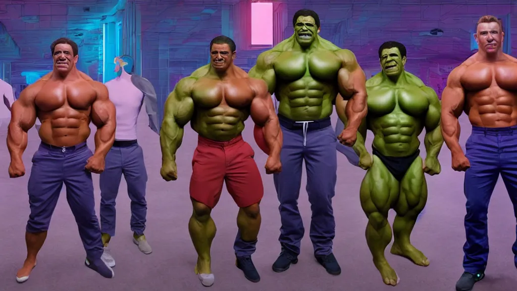 Image similar to Bodybuilder Obama Hulk Clones as the boy band Nsync by Beeple, 4K