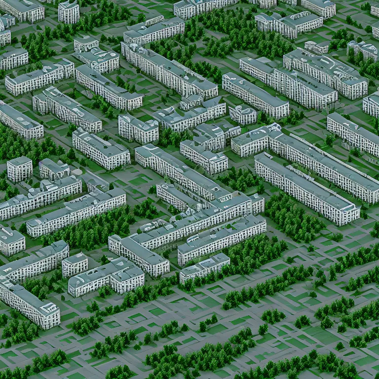 Prompt: Photo of one-point perspective to the center of the frame, ground level view of soviet town, infinitely long soviet panel buildings. A perfect green lawn in the center of the frame. High detail, details, ultra realistic render, octane, 3D, photorealism, symmetric, cloudless-crear-sky, cinematic