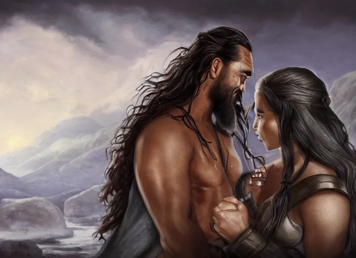 Image similar to jason momoa as khal drago and emilia clarke as queen daenerys stormborn together by anne stokes and larry elmore, detailed matte painting, realistic portrait, symmetrical, highly detailed, digital painting, artstation, concept art, smooth, sharp focus, illustration, cinematic lighting, 8 k resolution