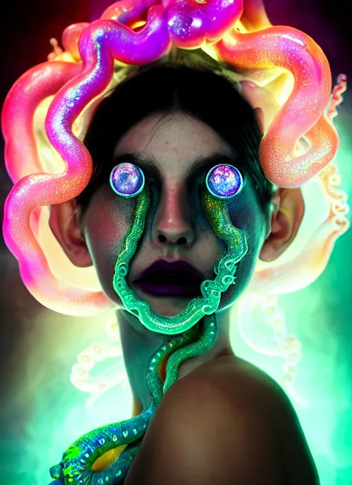 Prompt: A full shot of a cute magical monster girl wearing a dress made of opals and tentacles. Creepy Pasta. F1.4. Symmetrical. Dark Smoke and VFX. Caustics refraction. Prism light. defined facial features, symmetrical facial features. Rainbows. Soft Lighting. beautiful lighting. By Giger and Ruan Jia and Artgerm and Range Murata and WLOP and William-Adolphe Bouguereau and Loish and Lisa Frank. trending on artstation, featured on pixiv, award winning, sharp, details, intricate details, realistic, Hyper-detailed, HD, HDR, 4K, 8K.