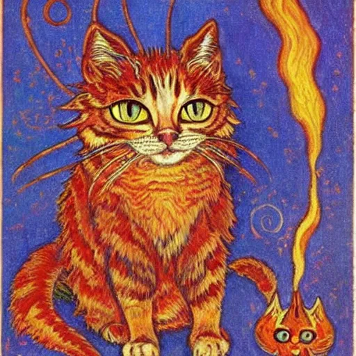 Image similar to a fire mage cat, louis wain, fantasy art