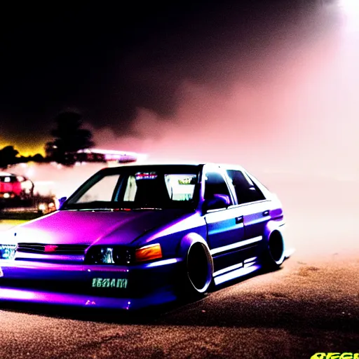 Prompt: a car JZX90 turbo drift at illegal car meet, Chiba prefecture, city midnight mist lights, cinematic color, photorealistic, highly detailed, work wheels, 50MM