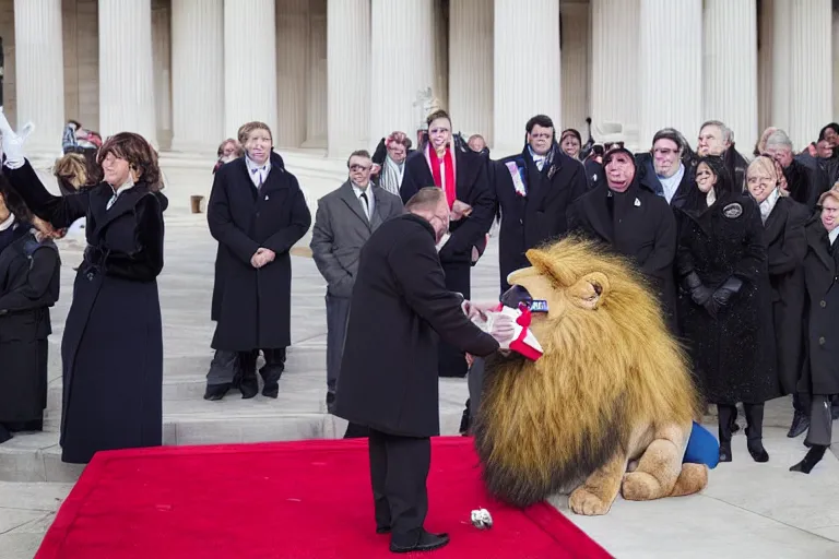 Image similar to photo of the usa presidential inauguration, a lion fursuiter being inaugurated as president