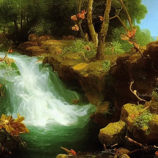 Image similar to The stream is a metaphor for life. It is always moving forward, even though it may meander. An oil painting by Thomas Cole