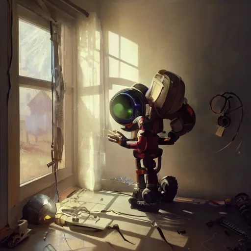 Prompt: a kid fixing his broken robot in his room, au naturel, hyper detailed, digital art, trending in artstation, cinematic lighting, studio quality, smooth render, unreal engine 5 rendered, octane rendered, art style by klimt and nixeu and ian sprigger and wlop and krenz cushart