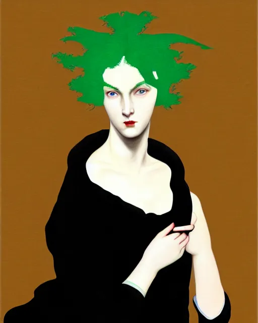 Image similar to photo-realistic portrait of a young pale woman with green hair, wearing a black t-shirt by Vivienne Westwood, intricate details, super-flat, in the style of James Jean, Jean Auguste Dominique Ingres, black background