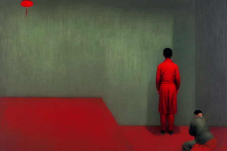 Prompt: a chinese prisoner, in the style of beksinski, parts by edward hopper, parts by rodcenko, parts by yue minjun, intricate and epic composition, symmetrical, red by caravaggio, insanely quality, highly detailed, masterpiece, red light, artstation, 4 k
