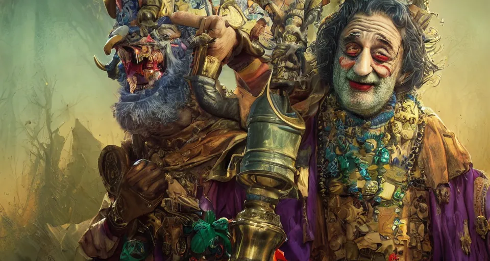 Image similar to robert de niro as medieval joker, crazy colorful clothing with a heavy golden mace in his left hand and a beer jug in his right hand, full body portrait with high detailled face, symmetrical face, intricate details, wandering through a forbidden forest, trending on artstation, 8k hyperrealistic, style of peter mohrbacher, octane render, unreal engine