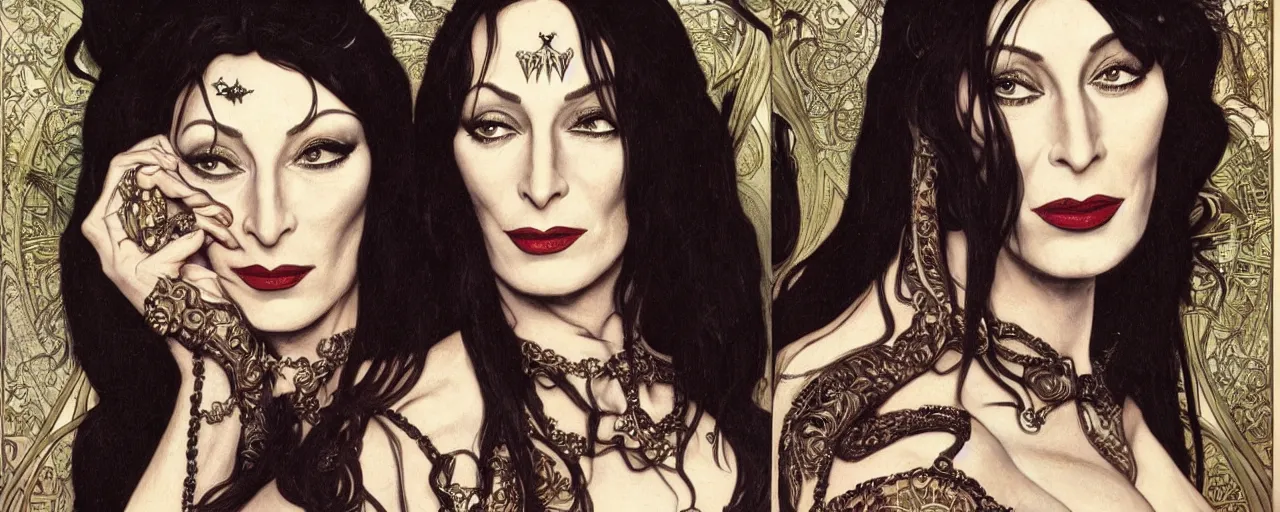 Prompt: stunning exotic art nouveau portrait of anjelica huston and morticia addams as industrial dieselpunk queens of the night by glenn fabry, simon bisley and alphonse mucha, photorealism, extremely hyperdetailed, perfect symmetrical facial features, perfect anatomy, ornate intricatre declotage, spikes, confident expression, wry smile, black lingerie