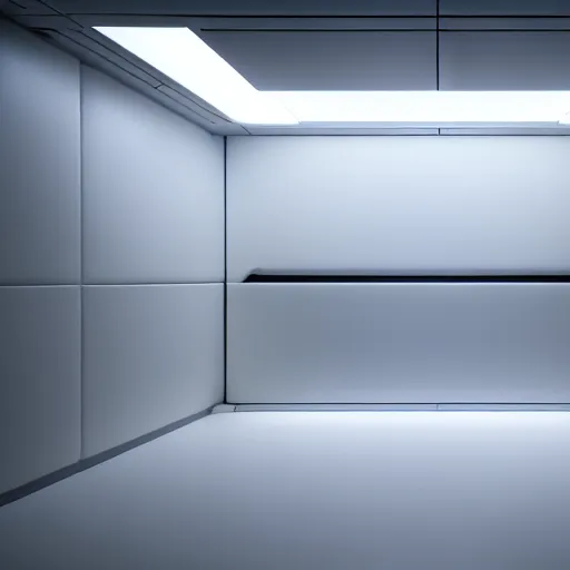 Image similar to a white room 1 2 ft long x 1 0 ft wide x 8 ft tall, geometrically perfect, clean and empty, sci fi spaceship futuristic paneling unreal engine, general studio lighting, 8 k,