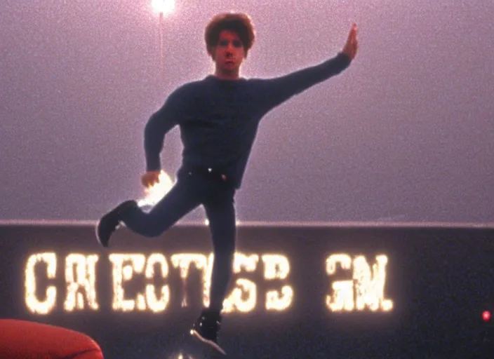 Image similar to a still from the breakfast club ( 1 9 8 5 ) of a man lifelessly floating 1 0 feet above a football oval at night, illuminated by a red light