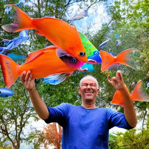 Prompt: a man holding a large bowl with many colourful fish flying out of the bowl